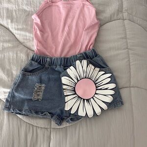 Pink and Blue Kids Denim Shorts with Flower Design